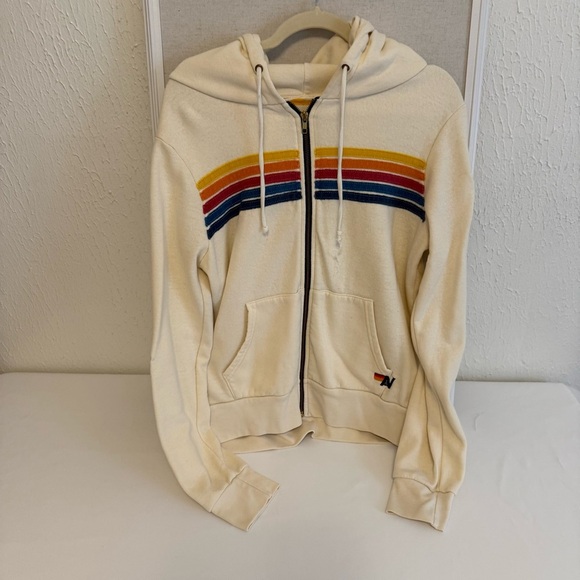 Women's Cream Zip-Up Hoodie with Rainbow Stripes 5 stripe hoodie in vintage whit - Picture 5 of 9
